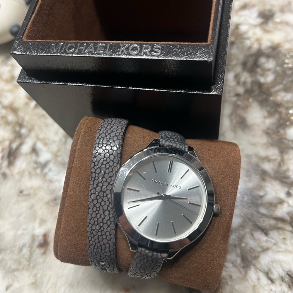 Michael Kors Silver Watch with Textured Gray Strap